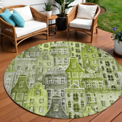 8' Green And Lime Green Round Village Houses Washable Indoor Outdoor Area Rug