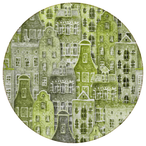 8' Green And Lime Green Round Village Houses Washable Indoor Outdoor Area Rug