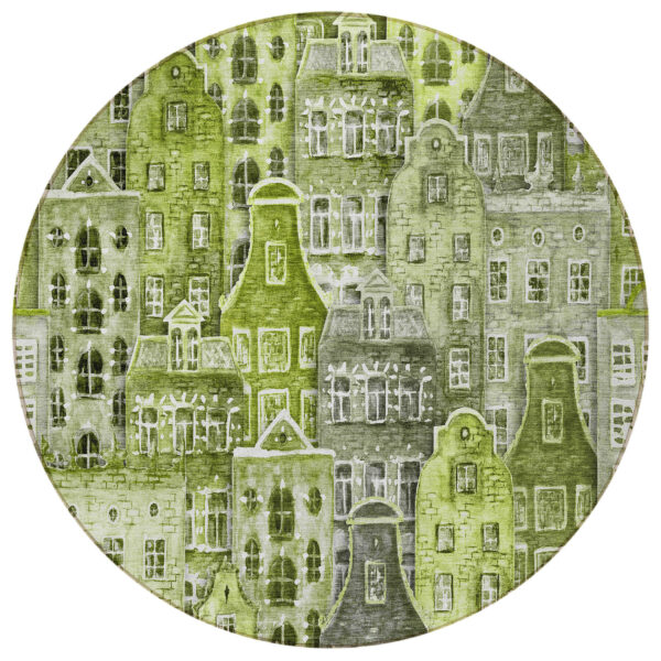 8' Green And Lime Green Round Village Houses Washable Indoor Outdoor Area Rug
