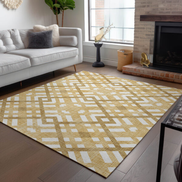 8' X 10' Gold Beige And Tan Geometric Washable Indoor Outdoor Area Rug