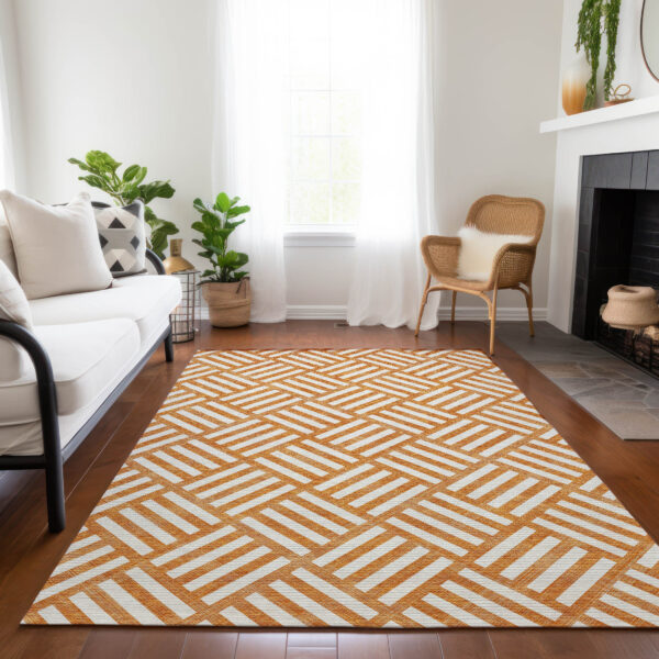 10' X 14' Orange And Ivory Geometric Washable Indoor Outdoor Area Rug