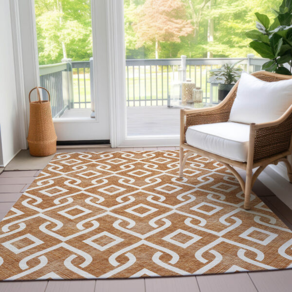9' X 12' Orange And Ivory Geometric Washable Indoor Outdoor Area Rug