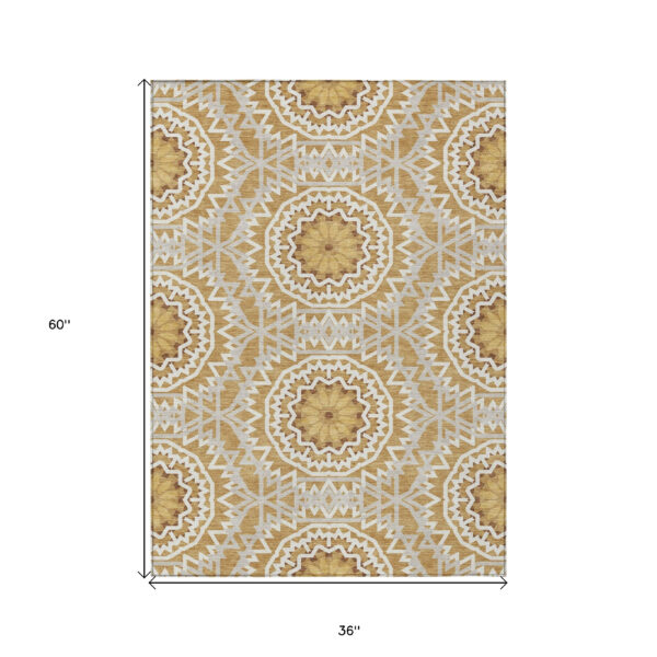 3' X 5' Gold Gray And Ivory Floral Medallion Washable Indoor Outdoor Area Rug