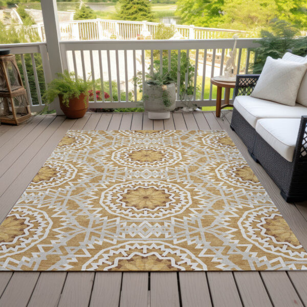 3' X 5' Gold Gray And Ivory Floral Medallion Washable Indoor Outdoor Area Rug