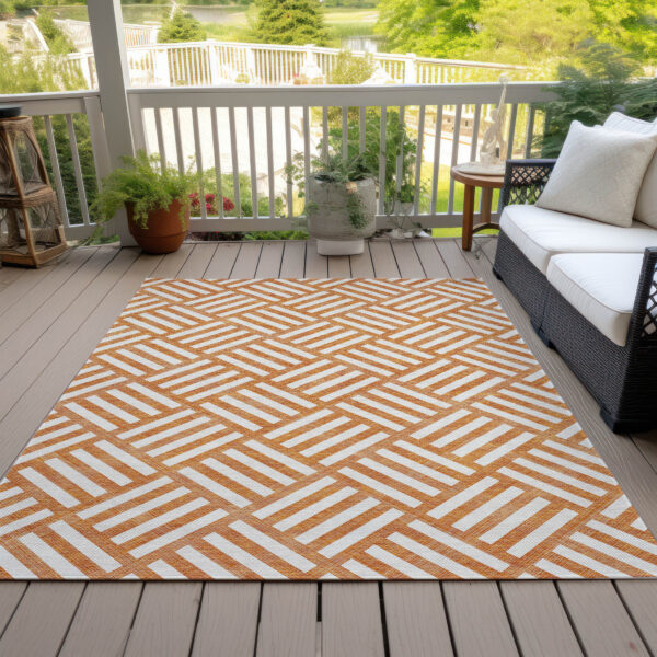 10' X 14' Orange And Ivory Geometric Washable Indoor Outdoor Area Rug