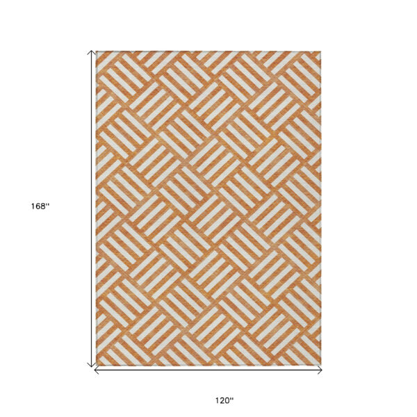 10' X 14' Orange And Ivory Geometric Washable Indoor Outdoor Area Rug