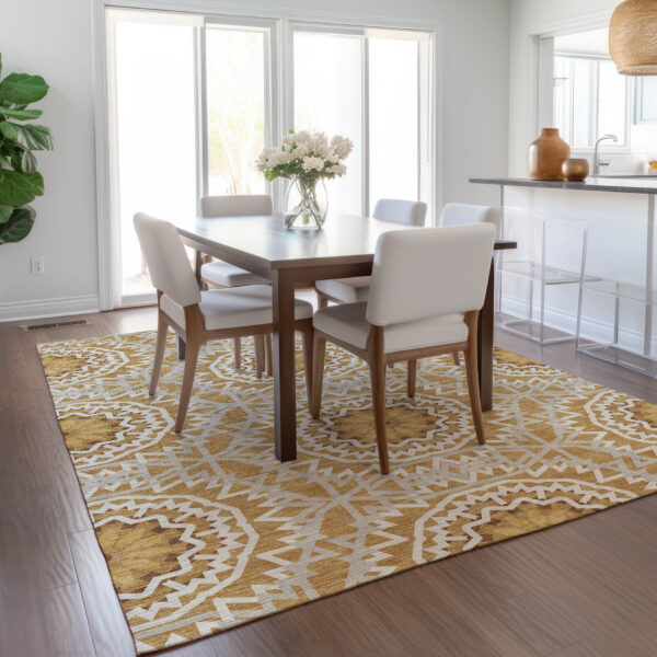 3' X 5' Gold Gray And Ivory Floral Medallion Washable Indoor Outdoor Area Rug