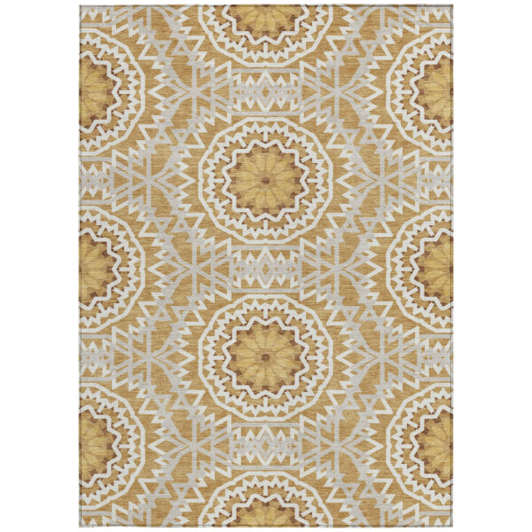 3' X 5' Gold Gray And Ivory Floral Medallion Washable Indoor Outdoor Area Rug