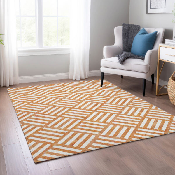 10' X 14' Orange And Ivory Geometric Washable Indoor Outdoor Area Rug