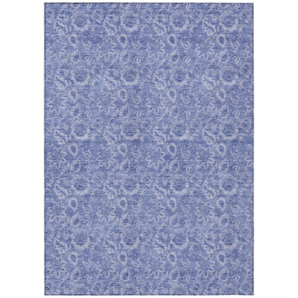 8' X 10' Denim Blue And Navy Blue Floral Washable Indoor Outdoor Area Rug