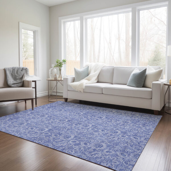 8' X 10' Denim Blue And Navy Blue Floral Washable Indoor Outdoor Area Rug