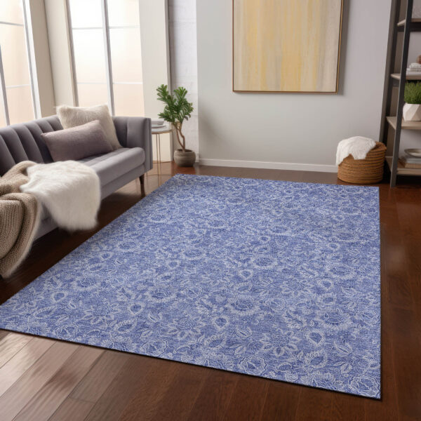 8' X 10' Denim Blue And Navy Blue Floral Washable Indoor Outdoor Area Rug