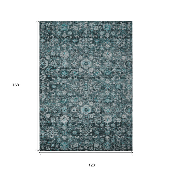 10' X 14' Dark Green Aqua And Charcoal Oriental Washable Indoor Outdoor Area Rug