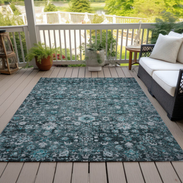 10' X 14' Dark Green Aqua And Charcoal Oriental Washable Indoor Outdoor Area Rug