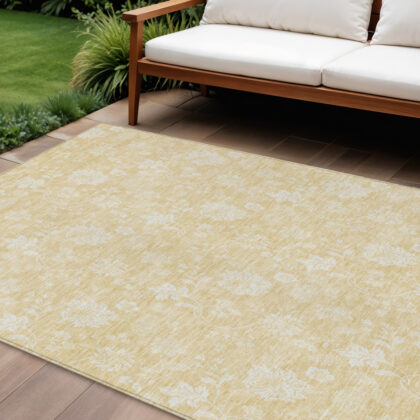 8' X 10' Yellow Wheat And Ivory Floral Washable Indoor Outdoor Area Rug