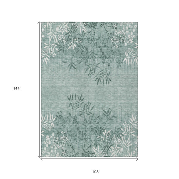 9' X 12' Sage Fern Green And Ivory Floral Washable Indoor Outdoor Area Rug