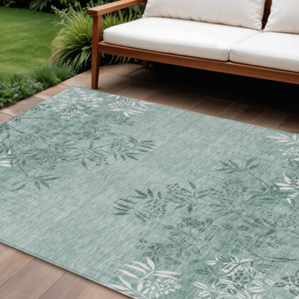 9' X 12' Sage Fern Green And Ivory Floral Washable Indoor Outdoor Area Rug
