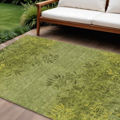 8' X 10' Olive Green And Fern Green Floral Washable Indoor Outdoor Area Rug