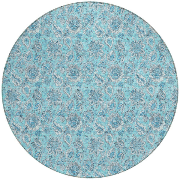 8' Aqua Blue And Silver Round Floral Washable Indoor Outdoor Area Rug