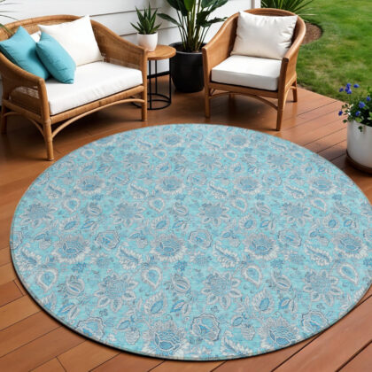 8' Aqua Blue And Silver Round Floral Washable Indoor Outdoor Area Rug