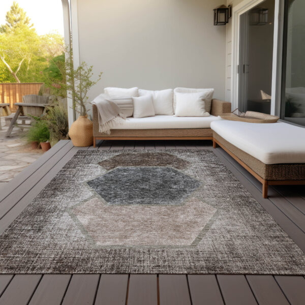 10' X 14' Chocolate And Taupe Geometric Washable Indoor Outdoor Area Rug