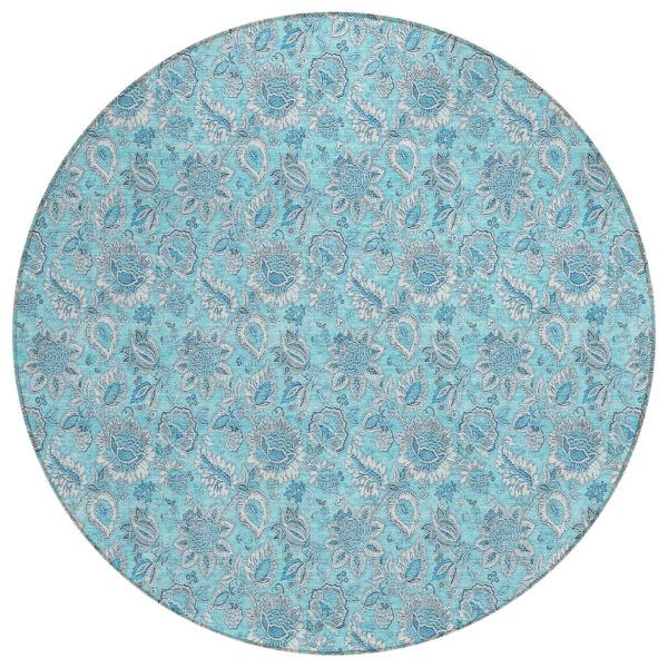 8' Aqua Blue And Silver Round Floral Washable Indoor Outdoor Area Rug