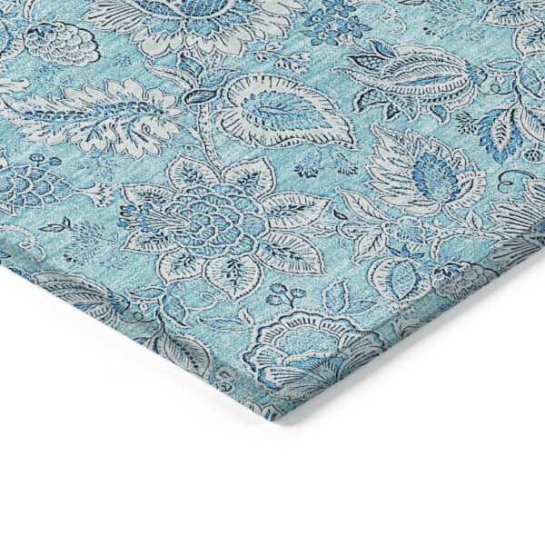 8' Aqua Blue And Silver Round Floral Washable Indoor Outdoor Area Rug
