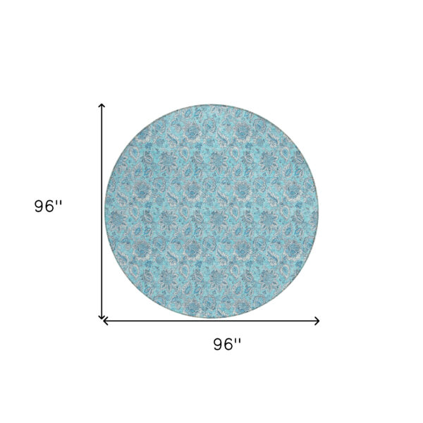 8' Aqua Blue And Silver Round Floral Washable Indoor Outdoor Area Rug