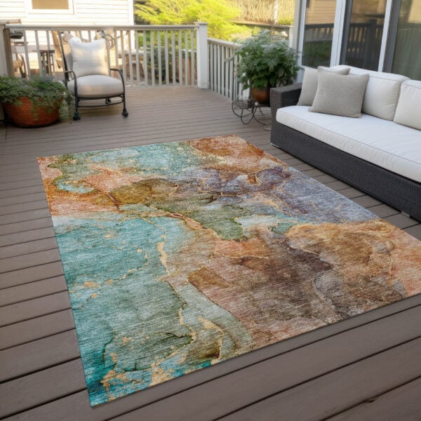 10' X 14' Copper Orange And Teal Blue Abstract Washable Indoor Outdoor Area Rug