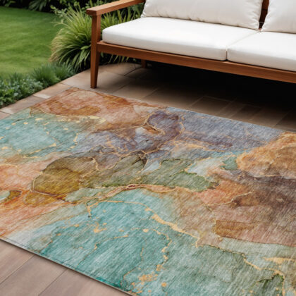10' X 14' Copper Orange And Teal Blue Abstract Washable Indoor Outdoor Area Rug