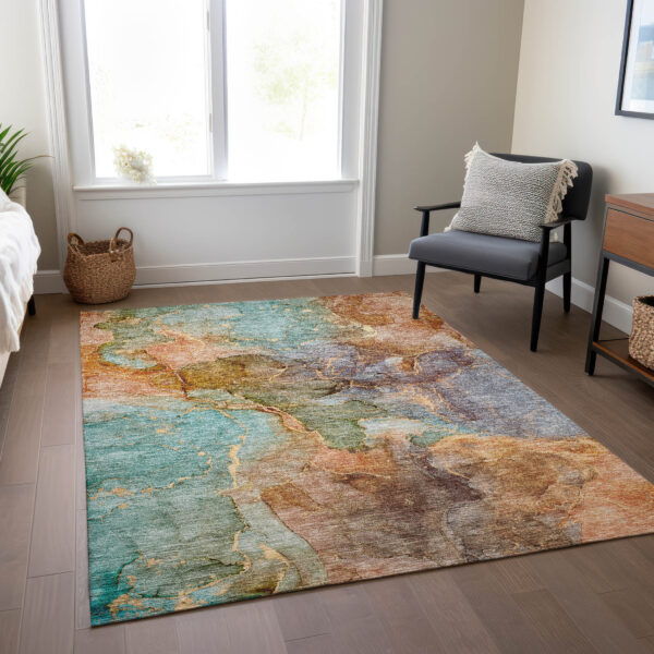 10' X 14' Copper Orange And Teal Blue Abstract Washable Indoor Outdoor Area Rug