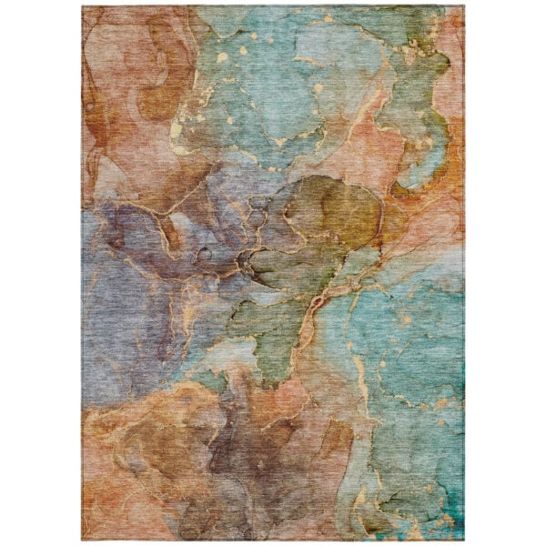10' X 14' Copper Orange And Teal Blue Abstract Washable Indoor Outdoor Area Rug