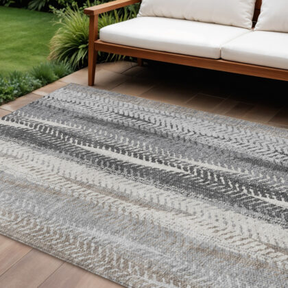 10' X 14' Khaki Ivory And Gray Botanical Leaves Washable Indoor Outdoor Area Rug