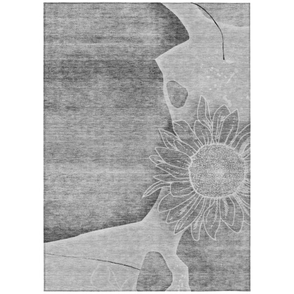3' X 5' Gray Silver And Charcoal Floral Washable Indoor Outdoor Area Rug