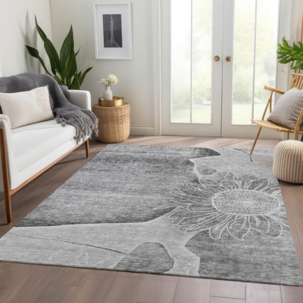 3' X 5' Gray Silver And Charcoal Floral Washable Indoor Outdoor Area Rug