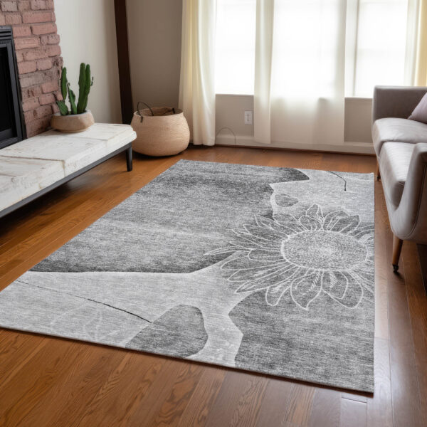 3' X 5' Gray Silver And Charcoal Floral Washable Indoor Outdoor Area Rug