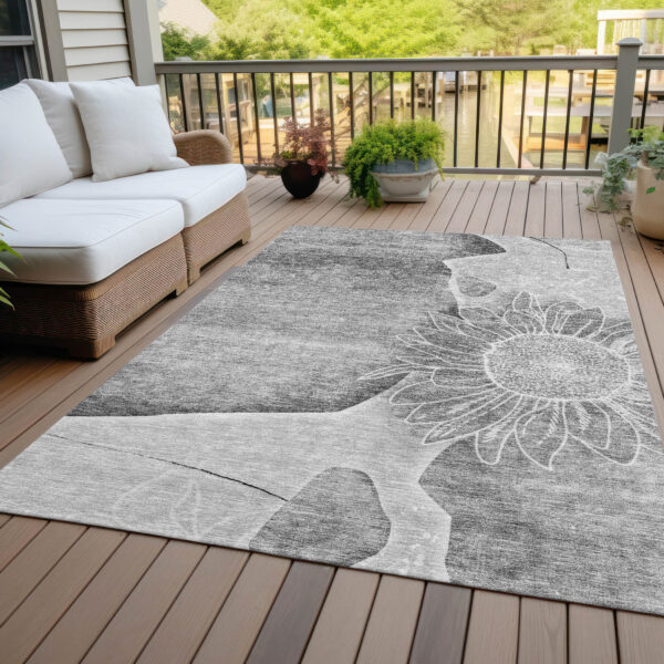 3' X 5' Gray Silver And Charcoal Floral Washable Indoor Outdoor Area Rug
