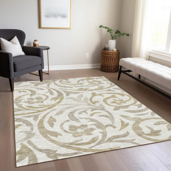 3' X 5' Ivory Beige And Taupe Floral Washable Indoor Outdoor Area Rug