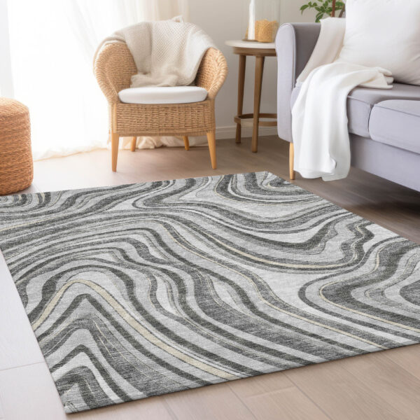 5' X 8' Gray Charcoal And Ivory Abstract Washable Indoor Outdoor Area Rug