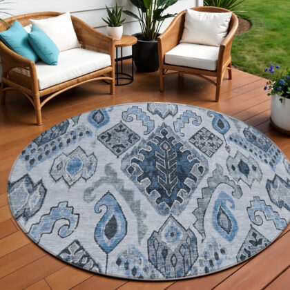 8' Denim Blue And Sky Blue Round Moroccan Washable Indoor Outdoor Area Rug
