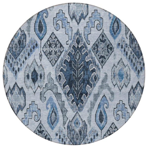 8' Denim Blue And Sky Blue Round Moroccan Washable Indoor Outdoor Area Rug