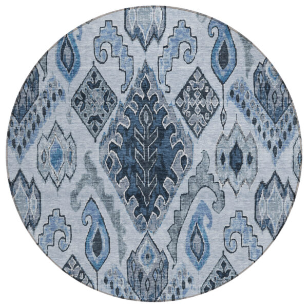 8' Denim Blue And Sky Blue Round Moroccan Washable Indoor Outdoor Area Rug