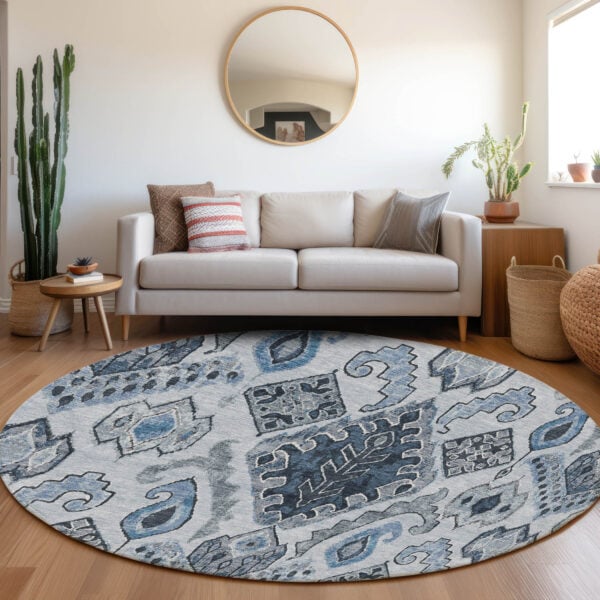 8' Denim Blue And Sky Blue Round Moroccan Washable Indoor Outdoor Area Rug