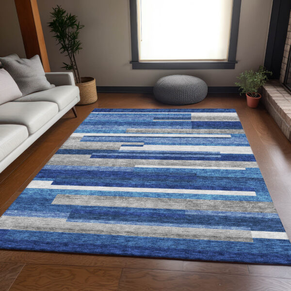 9' X 12' Navy Blue And Denim Blue Striped Washable Indoor Outdoor Area Rug