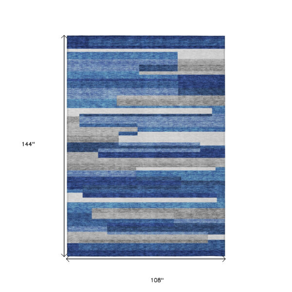 9' X 12' Navy Blue And Denim Blue Striped Washable Indoor Outdoor Area Rug