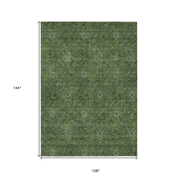 9' X 12' Olive Green And Green Floral Washable Indoor Outdoor Area Rug