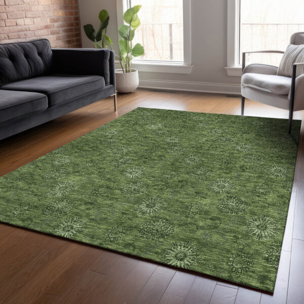 9' X 12' Olive Green And Green Floral Washable Indoor Outdoor Area Rug