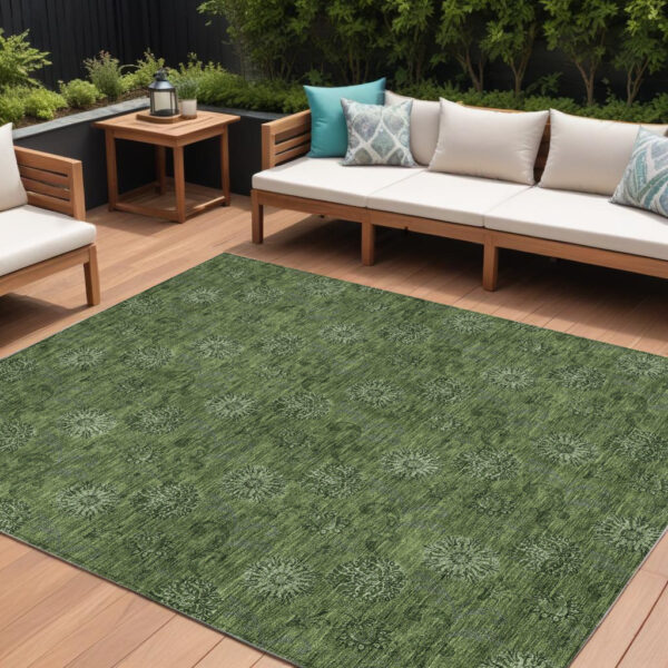 9' X 12' Olive Green And Green Floral Washable Indoor Outdoor Area Rug
