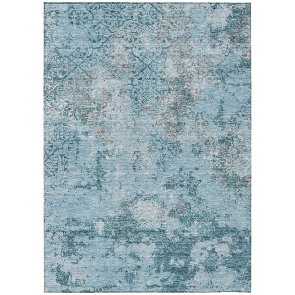 9' X 12' Teal Blue Aqua And Gray Floral Washable Indoor Outdoor Area Rug