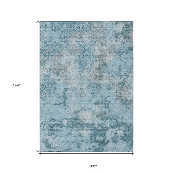 9' X 12' Teal Blue Aqua And Gray Floral Washable Indoor Outdoor Area Rug